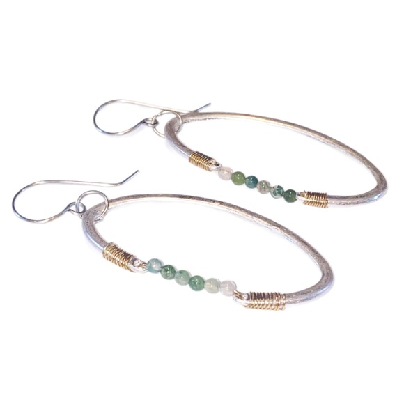 Silver Hoop Dangle Earrings with Green Moss Agate - Picture 2 of 6